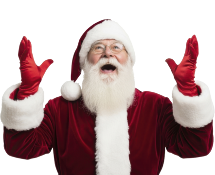  Jubilant Santa Claus with raised red gloved hands looking up on a transparent background, PNG file