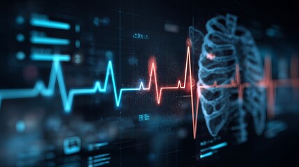 Dynamic holographic medical scan displays vibrant heart rhythm and skeletal structure in futuristic diagnostic interface