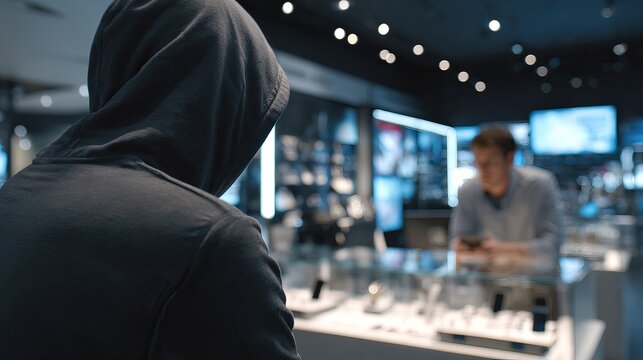 Suspicious figure in hoodie observes electronics store display with blurred shopper in background, conveying unease and potential threat.