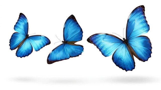 Three vibrant blue butterflies gracefully fluttering against a clean white background, showcasing their intricate wing patterns and colors, ideal for nature-themed projects