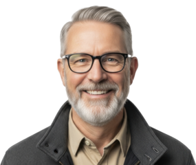 Smiling mature man with gray hair and beard wearing glasses on a transparent background, PNG image, PNG file