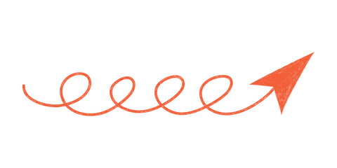 Hand drawn crayon movement red arrow. Grunge squiggly arrow. Pencil chalk lines sketch. Color brush scribble element. Doodle vector illustration.