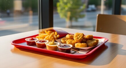 Delicious chicken nuggets and fries served with dipping sauces on a red tray