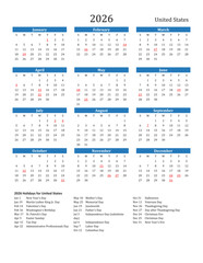 2026 Calendar with US Holidays | Printable Yearly Calendar Template (Sunday Start, EPS Vector)