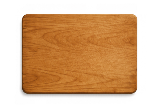 Wooden cutting board with visible knife marks, kitchen utensil for food preparation, transparent background