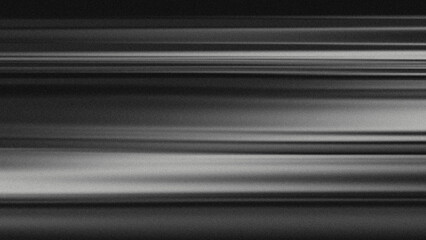 Black and white abstract design featuring horizontal motion blur lines and film grain, creating a dynamic, textured and smooth metallic effect.