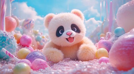 Fototapeta premium Stuffed panda with candy like fur sitting in a sugary wonderland