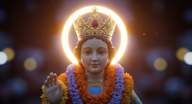 Sinulog Festival, close-up of Santo Ni&ntilde;o statue with glowing halo and flower garlands