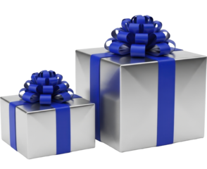  Two silver gift boxes with blue bows and ribbons on a transparent background, PNG image, PNG file