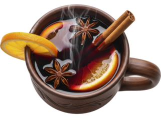 Steaming mulled wine with orange, star anise, cinnamon sticks in ceramic mug, transparent background, PNG image, PNG file