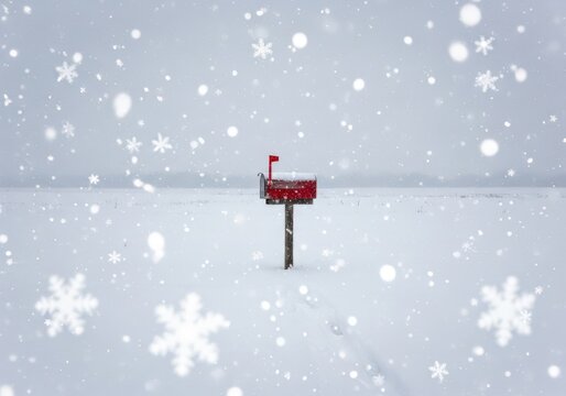 Red mailbox standing in a snowy landscape with snowflakes falling gently.