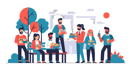 Obraz premium Group Of People Enjoying Meals Together At An Outdoor Gathering And Sharing