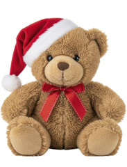 Festive Brown Teddy Bear Wearing Santa Hat and Red Bow on a Transparent Background PNG image