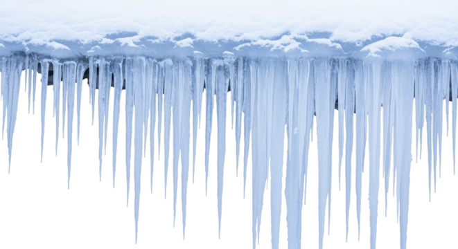 Long translucent icicles with accumulated snow hanging from an edge on a transparent background, PNG image, PNG file