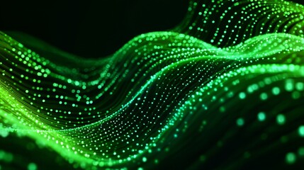 Dynamic glowing green particles flow across dark abstract waves, creating an elegant, futuristic, and energetic digital landscape for technology and data visualization.