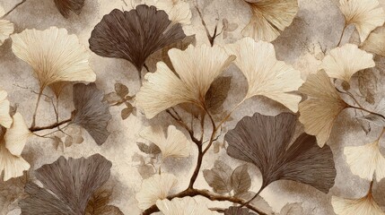 Elegant beige ginkgo leaf pattern with soft natural textures creating a calm botanical wallpaper background for interior and design applications