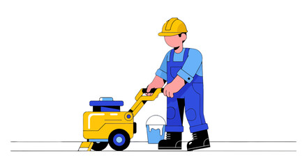 Obraz premium Illustrated Construction Worker Operating Industrial Cleaning Machine Against Dark Background