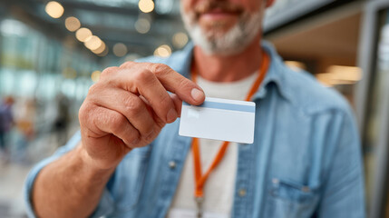 Man holding a blank card in a modern setting