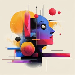 Abstract composition featuring side view of face and geometric shapes