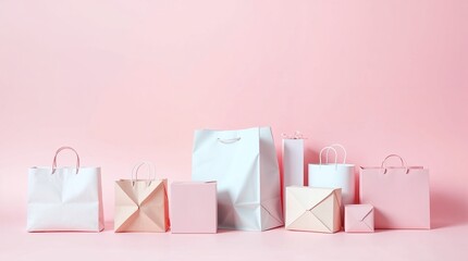 Row of assorted shopping paper bags and boxes on pink background with copy space