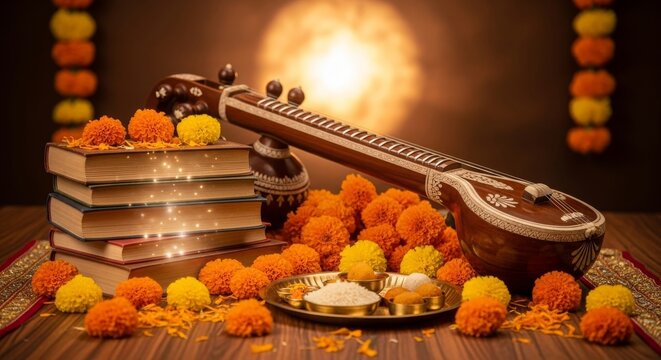 Vasant Panchami, glowing books, veena instrument, and marigold flowers on altar