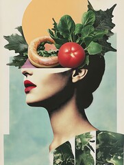 mixed collage depicting concept  of healthy eating. composition of Woman face and food