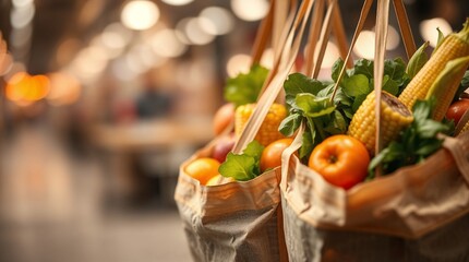 close up of two eco bags with corn, apples and other vegetables on blurred background