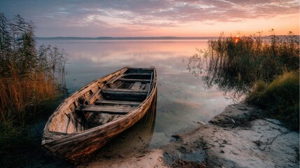 Old wooden boat on calm lake shore at sunrise with warm light and peaceful atmosphere ideal for travel inspiration blogs and landscape posters
