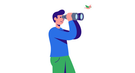 Illustration Of A Man Viewing Through Binoculars, A Bird Flies Nearby On Black