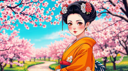 Anime styled japanese woman in orange kimono, against blurred sakura park background