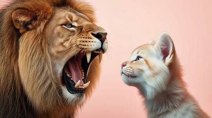 Roaring wild lion and a domestic cat facing each other against pink background
