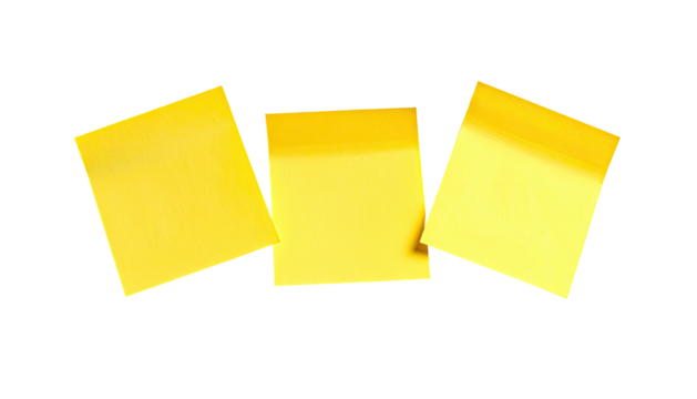 Three bright yellow sticky notes isolated on a stark black background