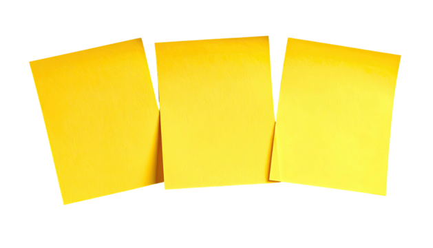 Three yellow, square sticky notes arranged diagonally on black