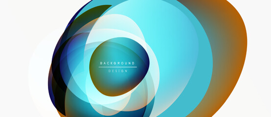 Abstract circles overlap, creating vibrant gradients. Blue, orange, teal hues blend seamlessly. Minimalist design evokes modern aesthetic.