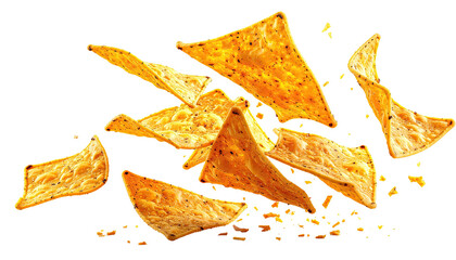 Triangle corn chips scattered in air, delicious snack