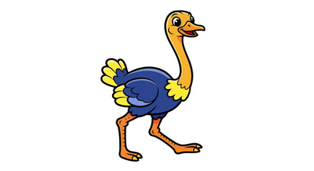 Fototapeta premium Cheerful blue and yellow ostrich cartoon character in a walking pose. An adorable and friendly animal illustration isolated on a white background for children's design