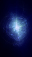 Ethereal blue light explosion forming a nebulous glowing sphere in dark space, symbolizing energy and cosmic creation