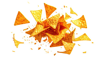 Pile of triangular, crispy, golden yellow tortilla chips on black
