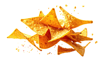 Pile of golden tortilla chips, triangular, against black ground