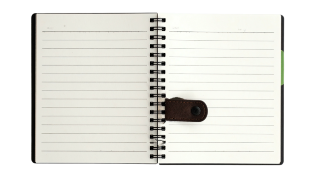 Open notebook with blank, lined pages and a brown strap