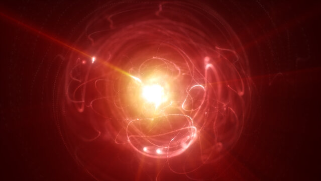 Intense red abstract energy core with fiery swirling light trails and radiant glowing center, evoking heat, plasma, and nuclear power