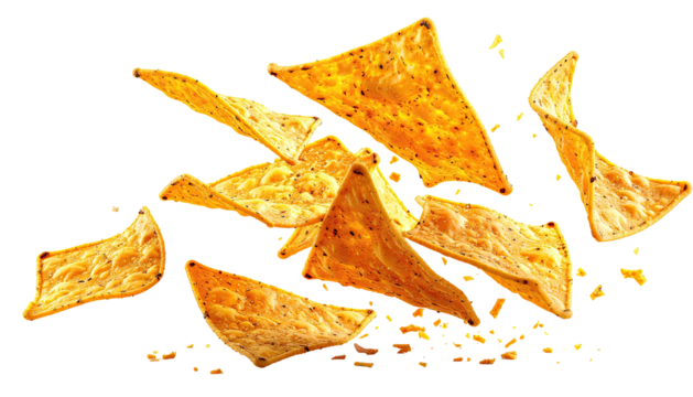Triangle corn chips scattered in air, delicious snack