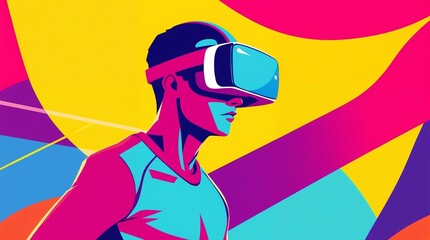 Vibrant illustration of sportive man wearing virtual reality glasses against colorful background