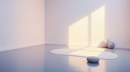 Empty calm room with yoga mat and sunlight on white walls