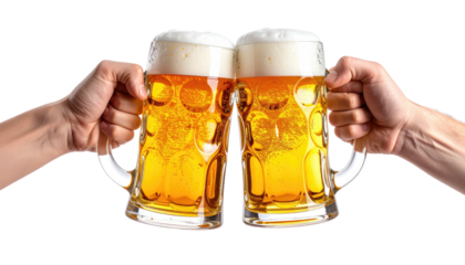 Two beer mugs clinking together. Foamy drink. Cheers gesture