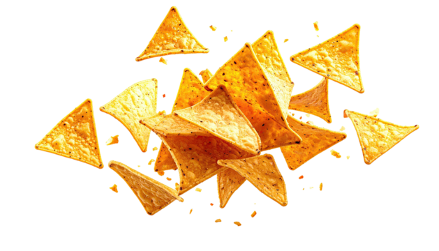 Pile of golden, triangular tortilla chips against a black backdrop