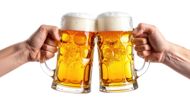 Two beer mugs clinking together. Foamy drink. Cheers gesture