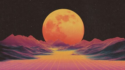 Retro futuristic landscape with giant glowing orange moon above neon mountains ideal for synthwave music covers, sci-fi posters and digital backgrounds