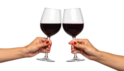 Two wine glasses clinking, held by hands with red manicured nails