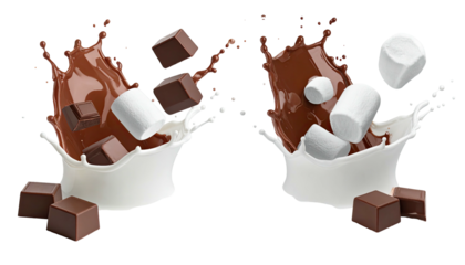 Hot cocoa splashes with chocolate and marshmallows, black background